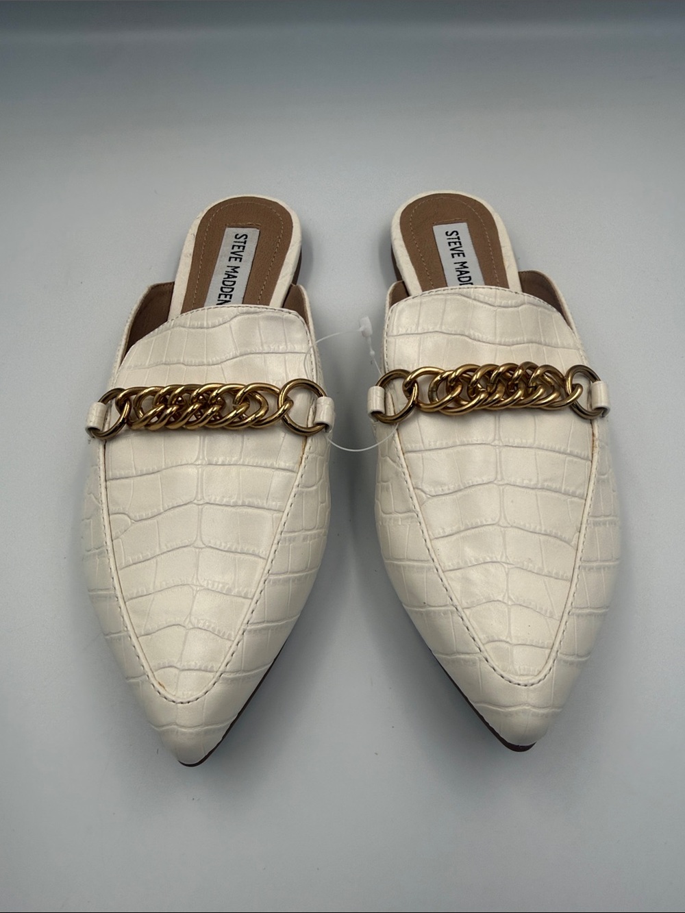 Steve Madden Cream Croc-Embossed Pointed Mules with Gold Chain